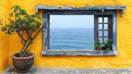 Wall Mural -   A pot with greenery rests near a window that overlooks a distant lake