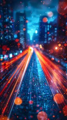 Wall Mural - a city street at night with red and blue light trails from moving vehicles, creating an abstract and