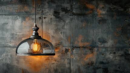 Wall Mural -   A light bulb hangs from a metal fixture on a grungy wall with one in the center