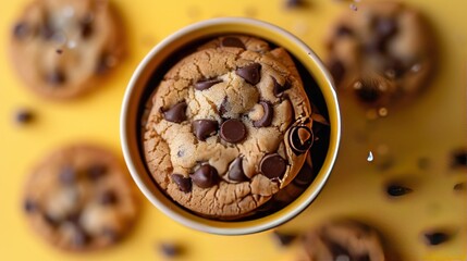 Wall Mural -   A macro shot of a brown cookie sitting atop a yellow background, adorned with clusters of dark chocolate specks