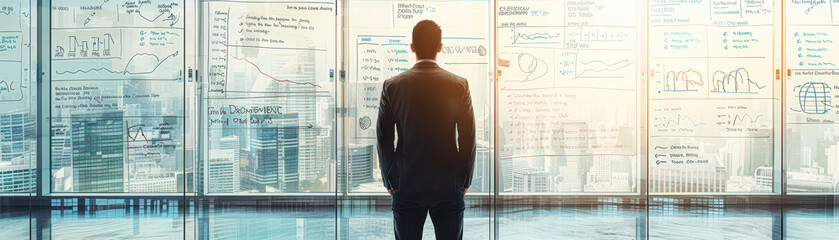 Wall Mural - A man in a suit stands in front of a window looking out at the city