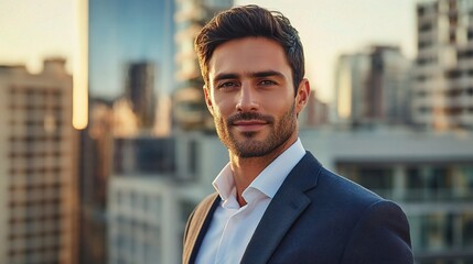 Canvas Print - Urban Confidence: A handsome young executive exudes quiet power with a confident gaze, the city skyline reflecting his ambition. 