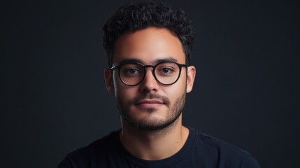 Canvas Print - Confident Gaze: Portrait of a young man with glasses and a beard, looking directly at the camera with a thoughtful expression.  