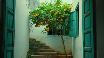 Poster -   A tree with oranges growing on it stands tall beside a set of steps that lead up to a green-shuttered window