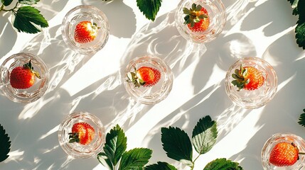 Poster -   A group of strawberries on a table surrounded by green foliage and strawberries in glass bowls