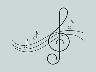 continuous single line drawing of music notes and treble clef, abstract sheet music line art vector illustration
