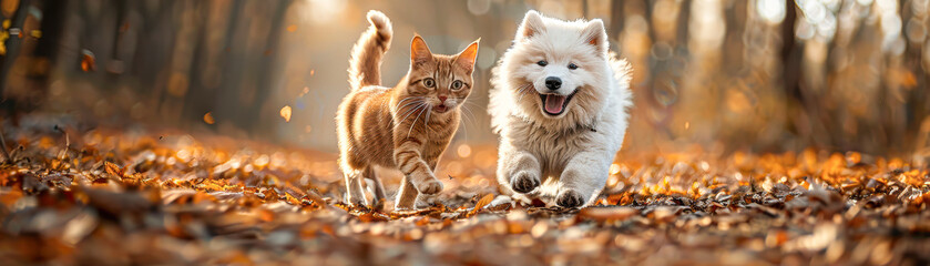 Wall Mural - A cat and a dog are running through the woods