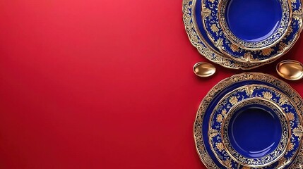 Canvas Print -   A set of blue and gold dinnerware on a red surface with two gold spoons against a red background