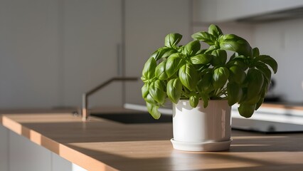 Fresh basil, white ceramic pot, modern kitchen, wooden countertop, minimalistic design.