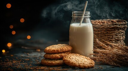   A bottle of milk next to cookies and a glass of milk with a straw