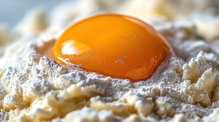   A close-up of powdered sugar with an orange egg nestled within a mound of white powdered sugar