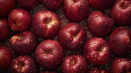 Sticker -   A collection of crimson apples adorned with droplets of water rest atop a darkened platform against a milky backdrop