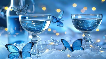   Close-up of two glasses filled with water and a butterfly perched on one of the rims