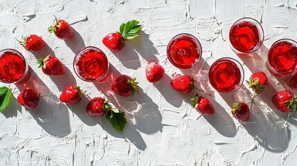 Poster -   A glass of red liquid and strawberries on a textured white surface