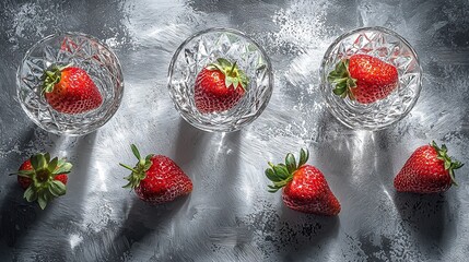 Poster -   A quartet of strawberries atop a silver tablecloth with silver foil covering it