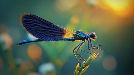 Sticker -   Blue dragonfly on plant with blurred green-yellow background