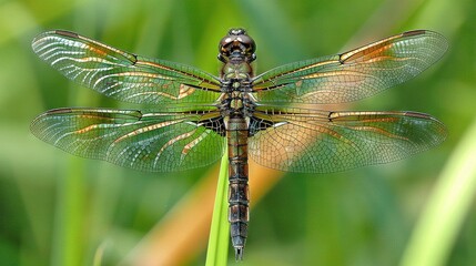 Sticker -   A dragonfly perches on a blade of green grass against a blurry backdrop