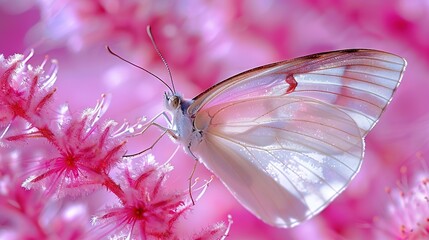 Wall Mural -   A close-up of a butterfly on a flower with pink flowers in the background, the foreground features out-of-focus pink flowers