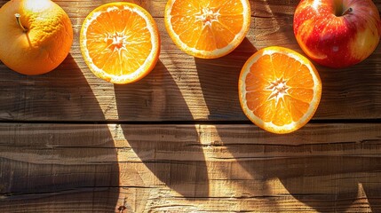 Poster -   A group of oranges sits atop a wooden table beside an apple and an orange