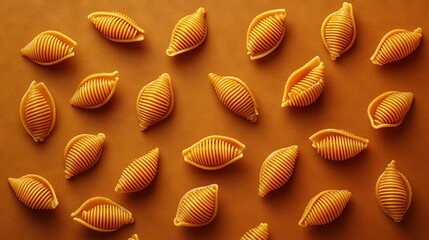 Poster -   A close-up of several pasta shells on a table, with one sliced in half and the other