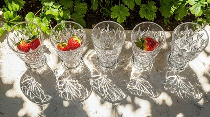 Poster -   A cluster of wine glasses adjacent with a strawberry nestled inside one glass