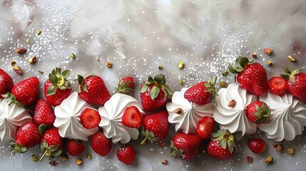 Wall Mural -  Silver surface, strawberry group, whipped cream, sprinkles top