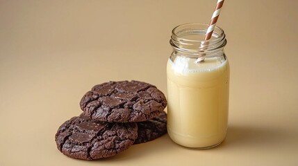 Sticker -   A glass of milk and two chocolate cookies rest on a table beside a jar with two chocolate cookies