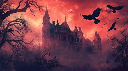 Wall Mural - creepy halloween backdrop with a blood-red sky, black crows perched on dead branches, and a crumblin