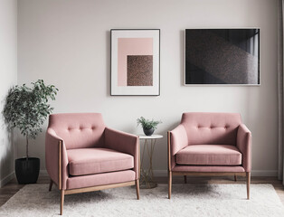 Two pink chairs are sitting in front of a white table