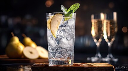 Sticker -   Glasses of champagne and ice water with a lemon and mint garnish on a table