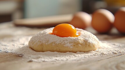 Wall Mural -   Close-up of a doughnut with an egg in the center on a table surrounded by eggs