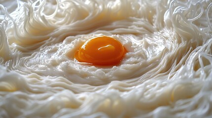 Wall Mural -   A photo of a close-up fried egg atop a bed of white noodles, with a perfectly centered brown egg