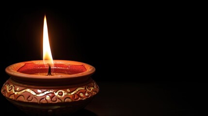 Lit clay diwali diya with intricate patterns glowing warmly in dark hope festival celebration