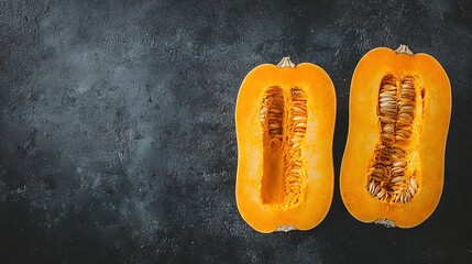 Poster -   A pair of pumpkins perched atop a black backdrop, one sliced in half and the other gaping open