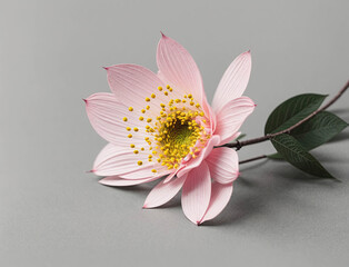 A pink flower with yellow centers sits on a grey surface