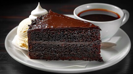 Poster -   A chocolate cake on a white plate, served with ice cream and a cup of coffee