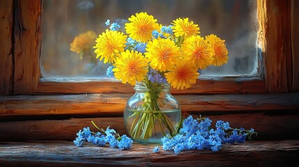 Sticker -   A vase holding yellow and blue blooms rests on a window ledge beside a cluster of yellow and blue blossoms