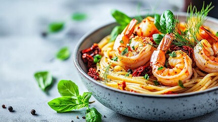 Wall Mural -   A zoomed-in photo of a shrimp, pasta, and herbs dish served on a wooden table, with a glass of white wine in the backdrop