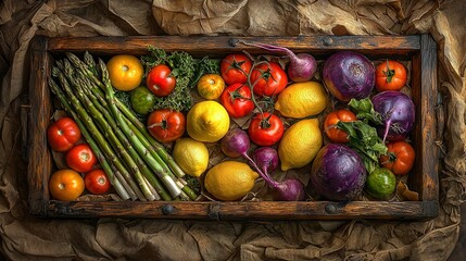 Poster -   A box brimming with diverse produce rests atop a bed of wrinkled paper