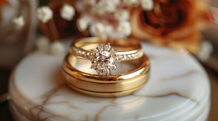 Wall Mural - Wedding Rings Set on Marble Surface with Blurred Floral Background