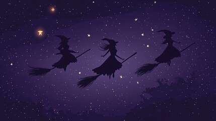Wall Mural - flat halloween background featuring minimalist witch silhouettes flying on broomsticks against a nig