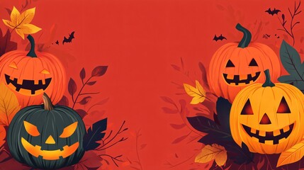 Wall Mural - flat halloween background featuring minimalist, colorful jack-o-lanterns and autumn leaves on a deep