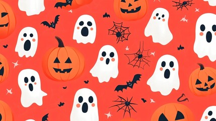 Wall Mural - flat halloween background with minimalist ghosts, pumpkins, and spiderwebs arranged in a tidy, repea