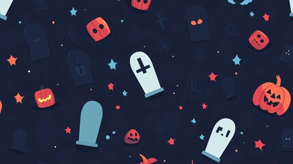 Wall Mural - flat halloween background with clean, simple tombstone and graveyard icons arranged in a repeating p