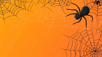 Flat Halloween background with minimalist, symmetrical spider and web illustrations on an orange gradient background