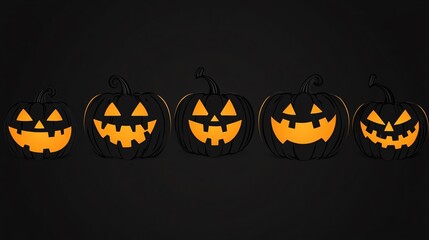 Wall Mural - flat halloween background with simple, monochromatic jack-o-lantern faces on a deep black background