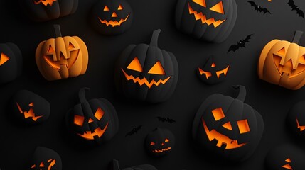Wall Mural - flat halloween background with simple, monochromatic jack-o-lantern faces on a deep black background