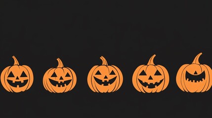 Wall Mural - flat halloween background with simple, monochromatic jack-o-lantern faces on a deep black background