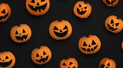 Wall Mural - flat halloween background with simple, monochromatic jack-o-lantern faces on a deep black background
