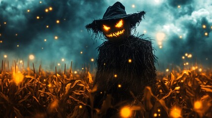 Wall Mural - Halloween background with a close-up of a creepy scarecrow in a cornfield, surrounded by glowing fireflies and an ominous sky